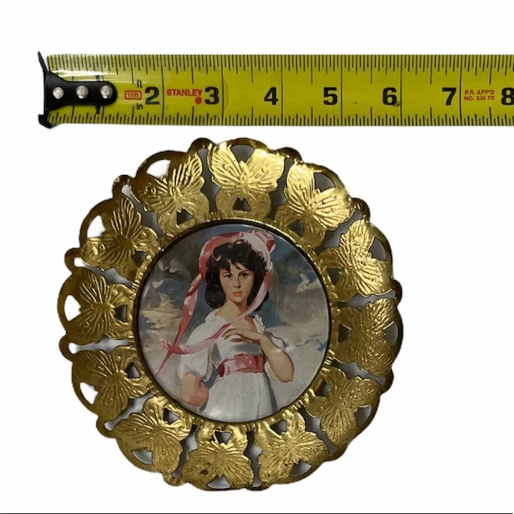 Vintage Antique Metal Gold Framed Wall Art Picture Girl Hat Butterfly Gold Frame